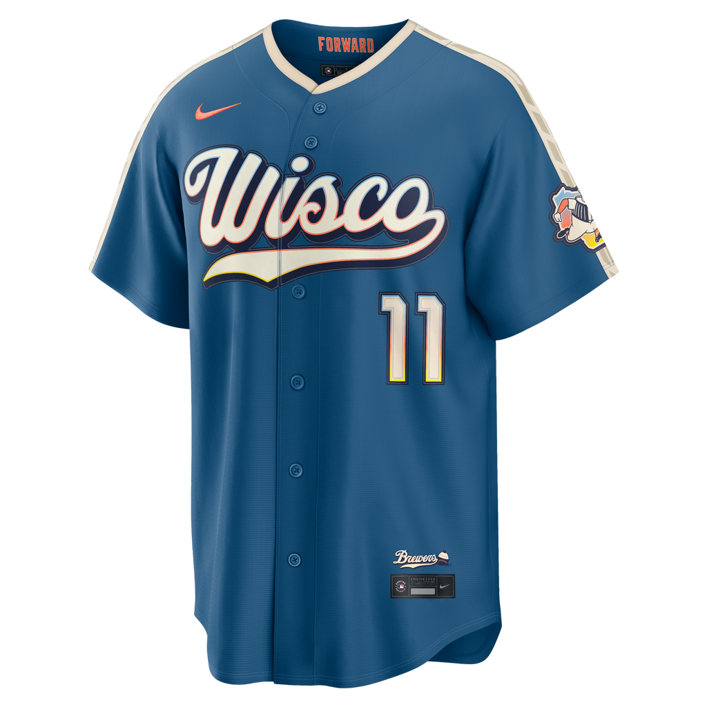 Milwaukee Brewers Jackson Chourio Mineral Blue 2026 City Connect Stadium Jersey product image 3, provided for visual