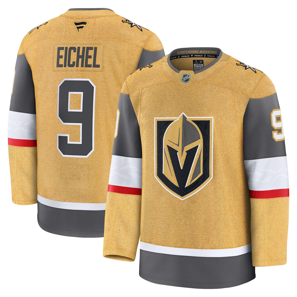 Vegas Golden Knights Jack Eichel Gold Home Premium Jersey product image 1, provided for visual reference and product detail