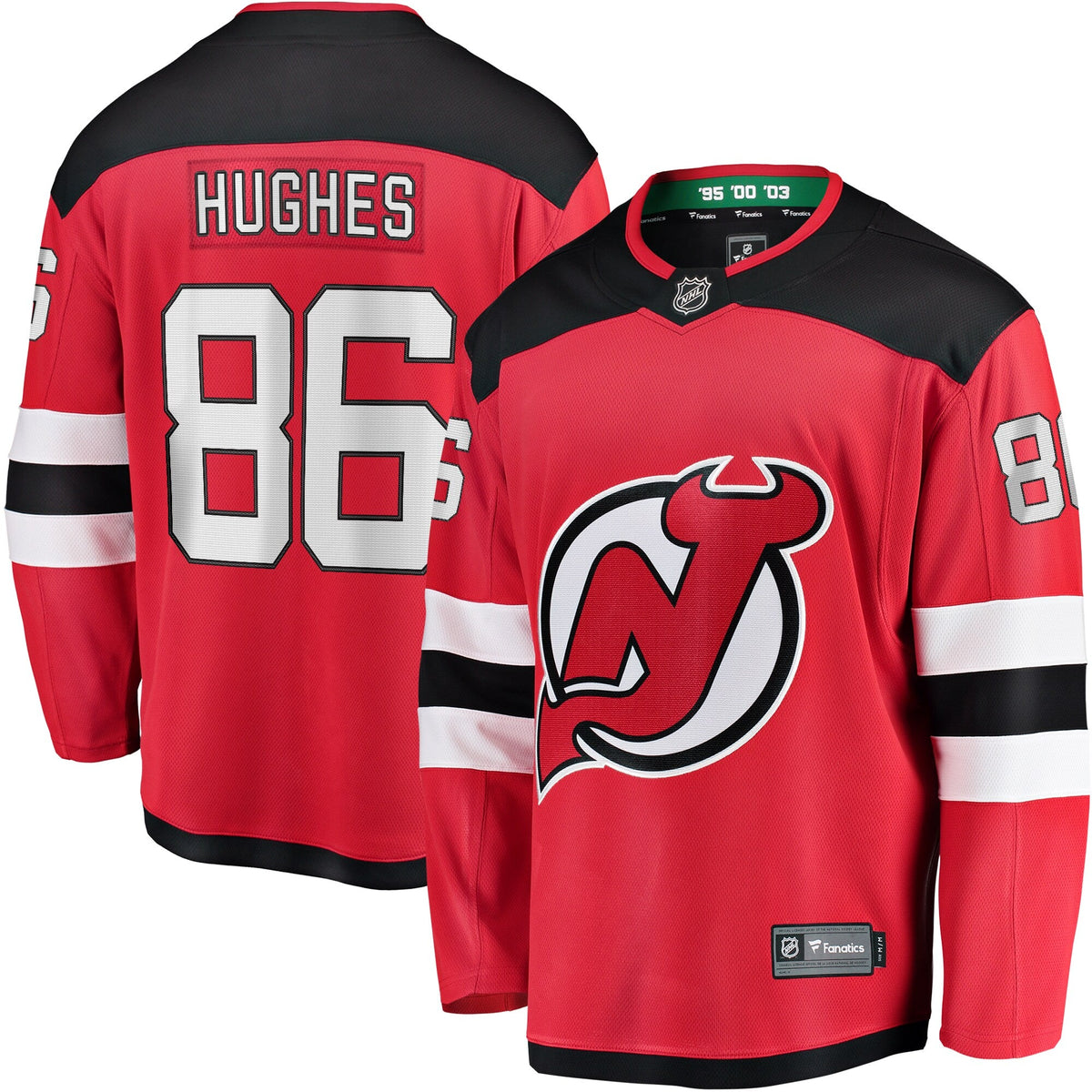 New Jersey Devils Jack Hughes Red Breakaway Player Jersey product image 1, provided for visual reference and product detail