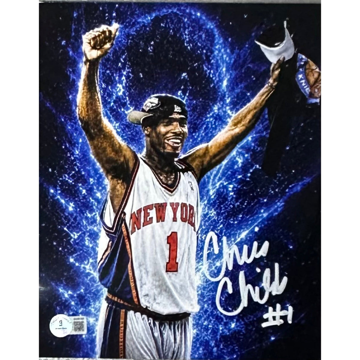 Chris Childs Arms Up Blue Background 8x10 Beckett BAS product image 1, provided for visual reference and product detail