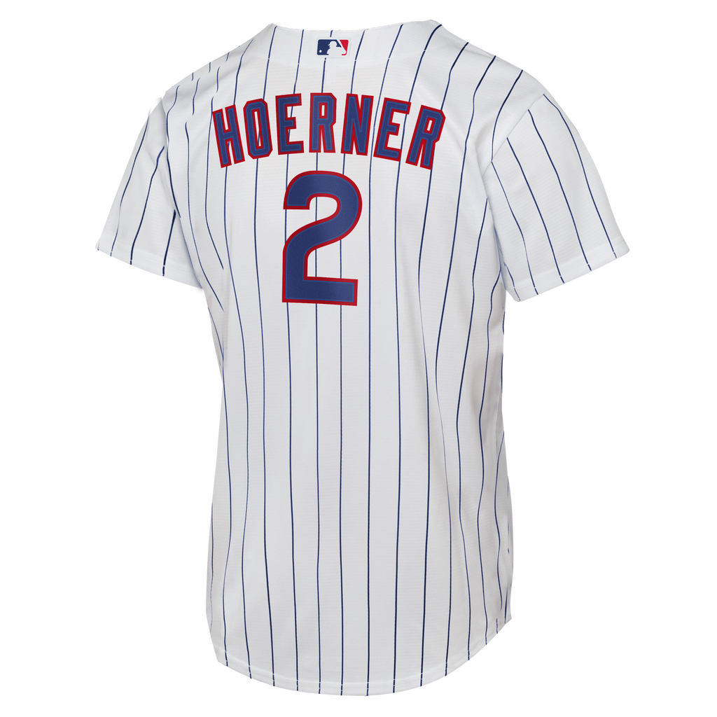 Male Chicago Cubs Nico Hoerner White Home Replica Jersey product image 4, provided for visual reference and product detail