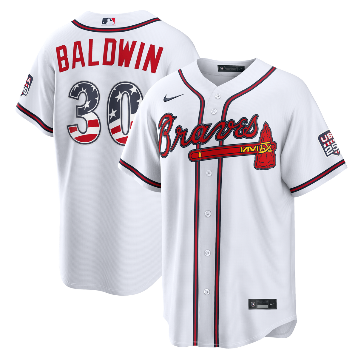 Fourth of July Atlanta Braves Drake Baldwin White USA 250 Stadium Jersey product image 1, provided for visual reference and