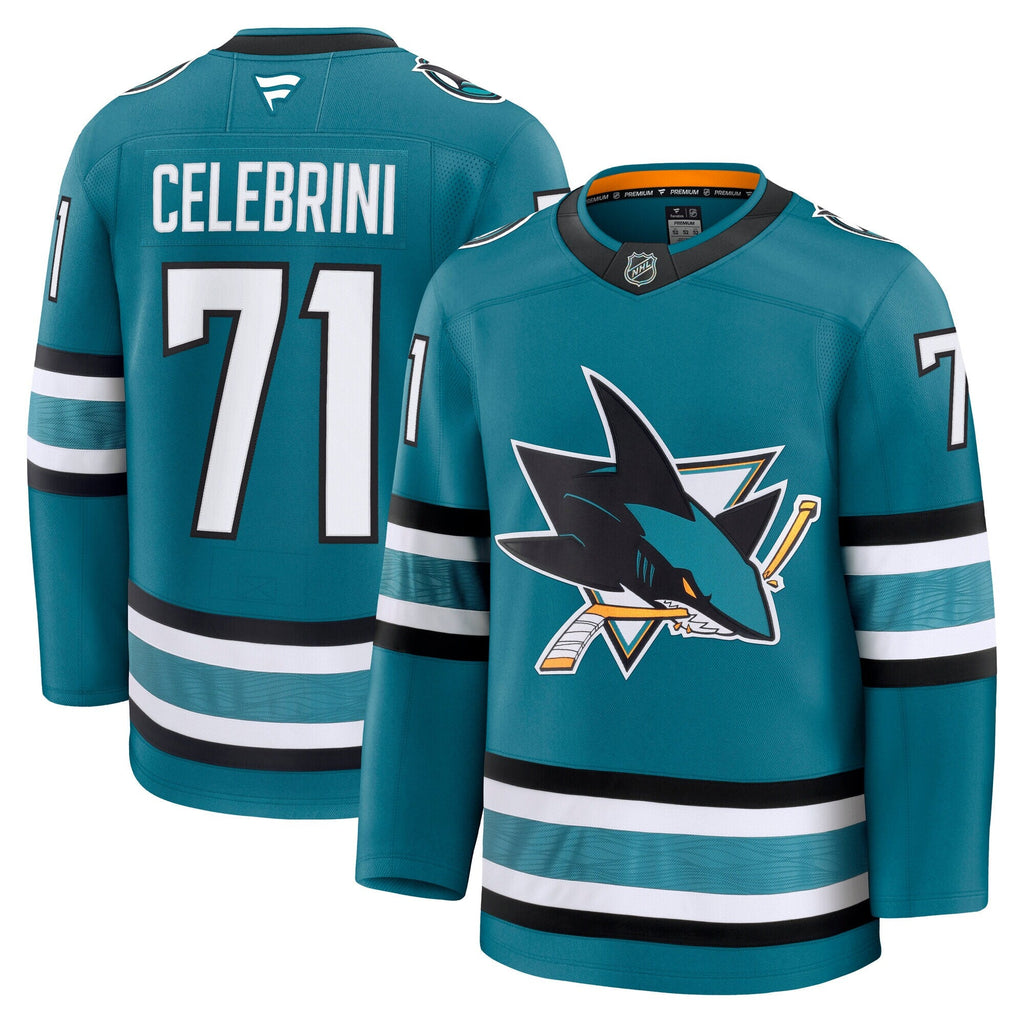 San Jose Sharks Macklin Celebrini Teal Home Premium Jersey product image 2, provided for visual reference and product detail