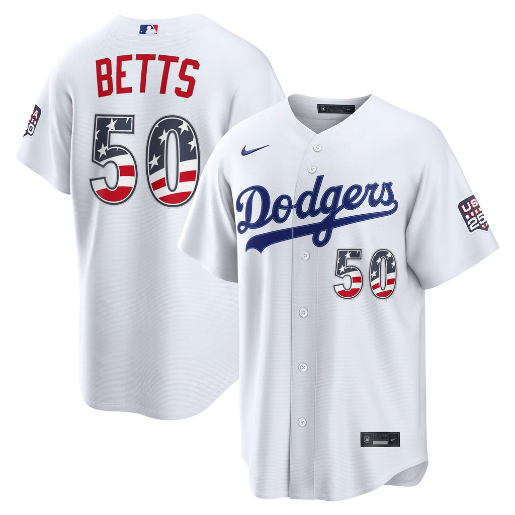 Fourth of July Los Angeles Dodgers Mookie Betts White USA 250 Stadium Jersey product image 2, provided for visual reference