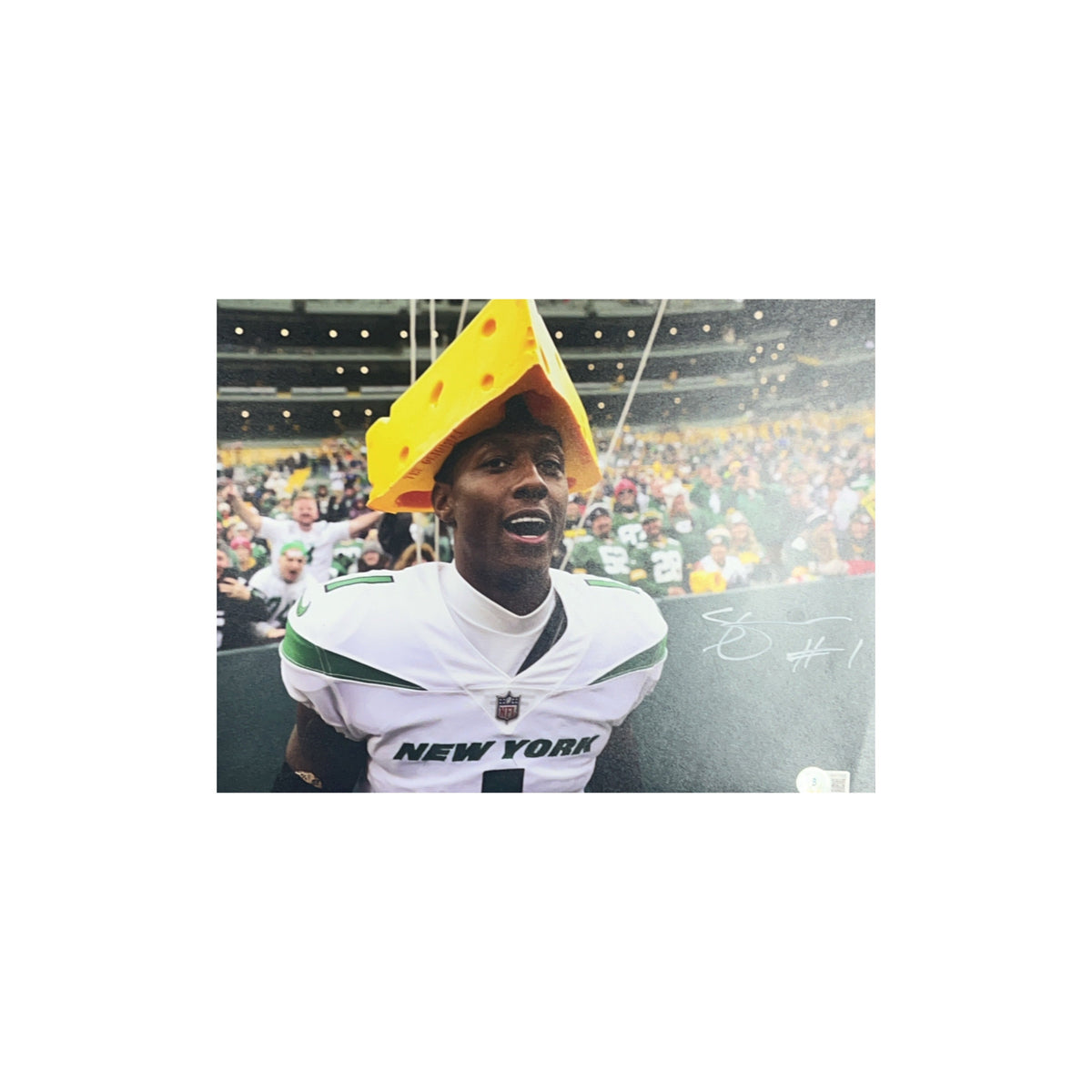 Sauce Gardner Autographed New York Jets Cheese Head 11x14 Beckett product image 1, provided for visual reference and product
