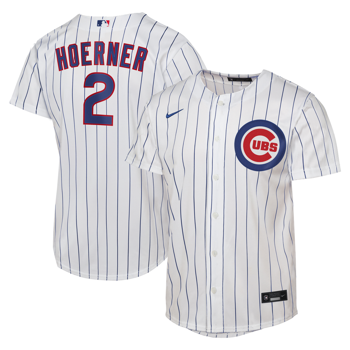 Male Chicago Cubs Nico Hoerner White Home Replica Jersey product image 1, provided for visual reference and product detail