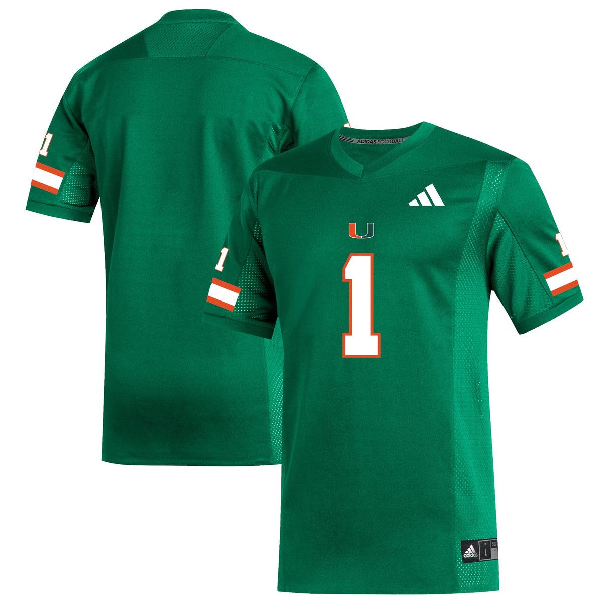 #1 Green Miami Hurricanes Replica Football Jersey product image 2, provided for visual reference and product detail review