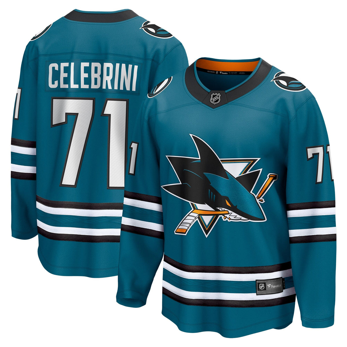San Jose Sharks Macklin Celebrini Teal Home Breakaway Jersey product image 2, provided for visual reference and product
