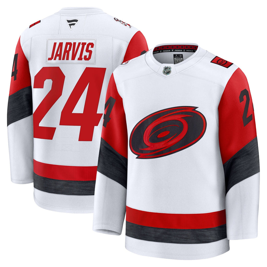 Carolina Hurricanes Seth Jarvis White Away Premium Jersey product image 1, provided for visual reference and product detail