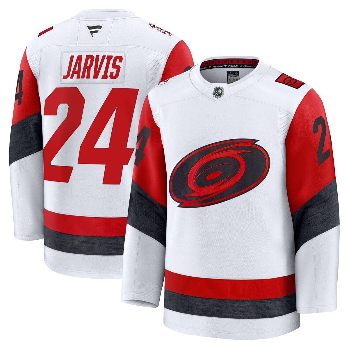 Carolina Hurricanes Seth Jarvis White Away Premium Jersey product image 1, provided for visual reference and product detail