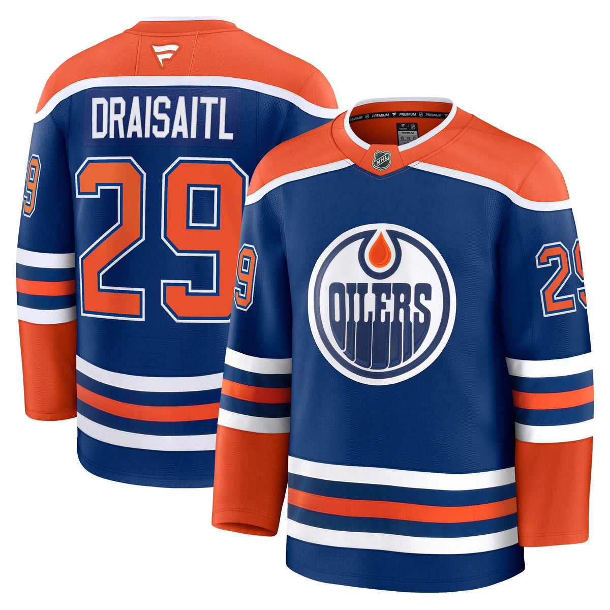 Edmonton Oilers Leon Draisaitl Royal Home Premium Jersey product image 2, provided for visual reference and product detail