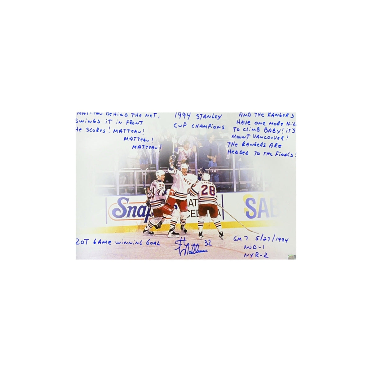 Stephane Matteau Autographed New York Rangers 12x18 "Final Goal Quote + 1994 Stanley Cup Champions, 20T Game Winning Goals,