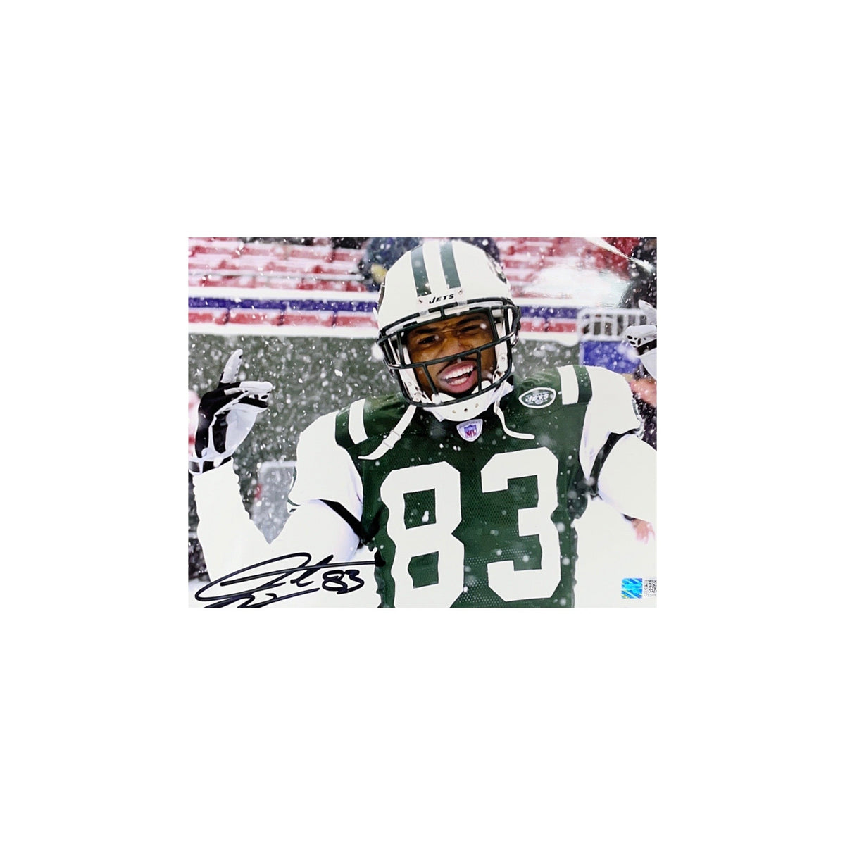 Santana Moss Autographed New York Jets Snow 8x10 Steiner CX product image 1, provided for visual reference and product