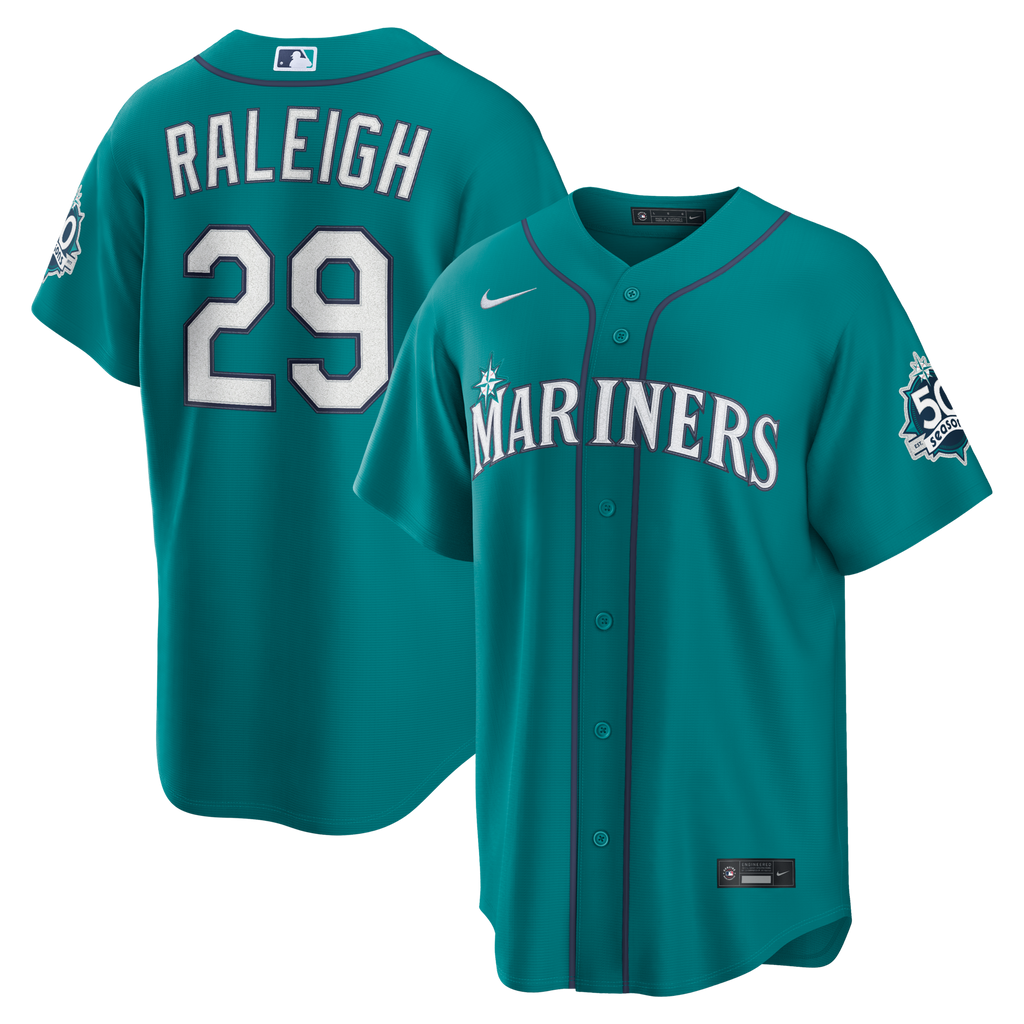 Seattle Mariners Cal Raleigh Teal Alternate 50th Season Patch Stadium Jersey product image 2, provided for visual reference