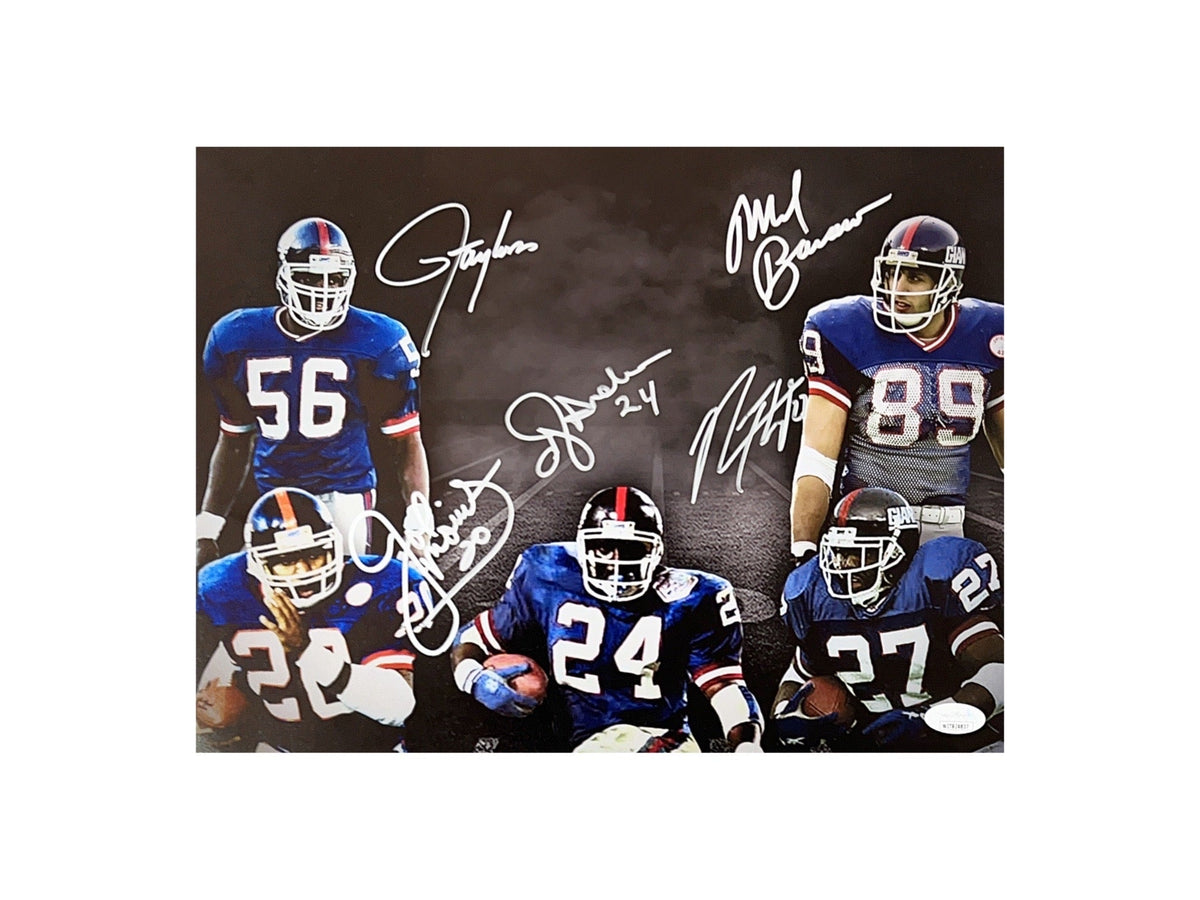 Lawrence Taylor, Mark Bavaro, Joe Morris, Rodney Hampton & OJ Anderson Autographed. New York Giants Blackout 11x14 JSA -