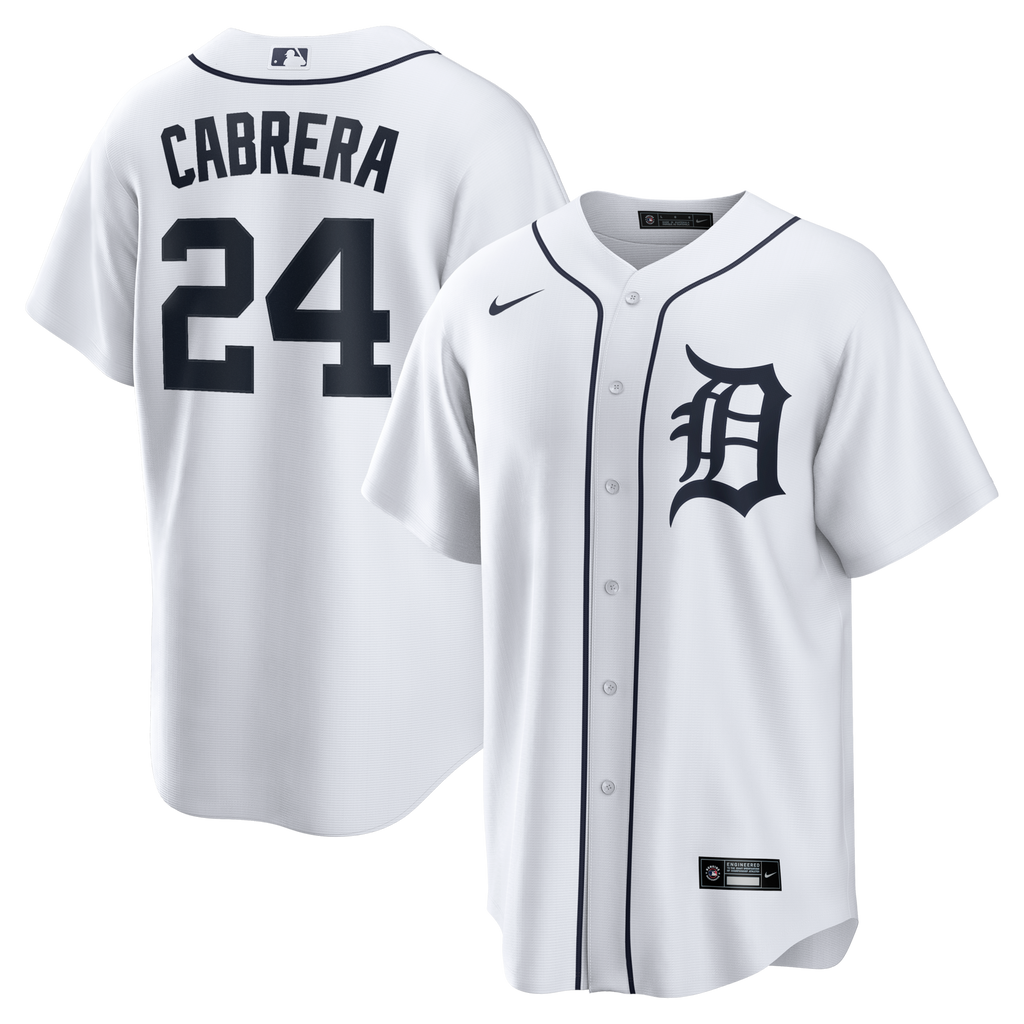 Detroit Tigers Miguel Cabrera White Home Retired Player Replica Jersey product image 1, provided for visual reference and