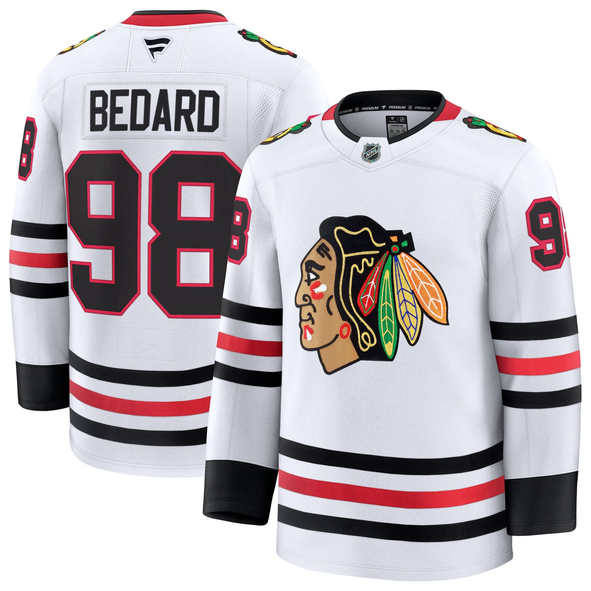 Chicago Blackhawks Connor Bedard White Away Premium Jersey product image 2, provided for visual reference and product detail