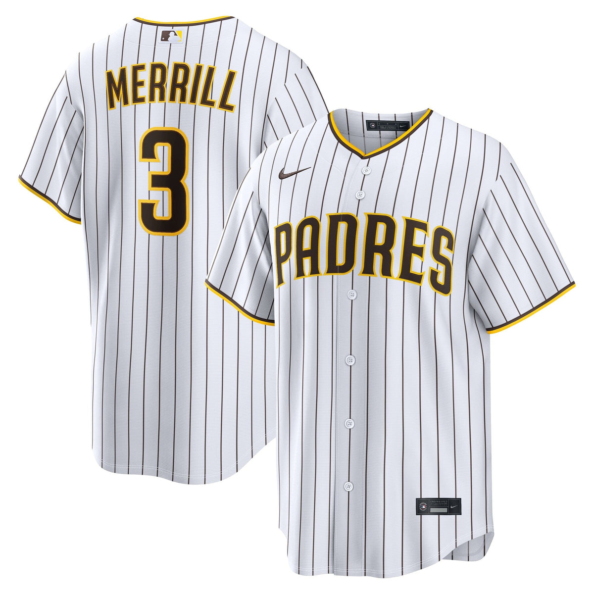 San Diego Padres Jackson Merrill White Home Replica Player Jersey product image 1, provided for visual reference and product