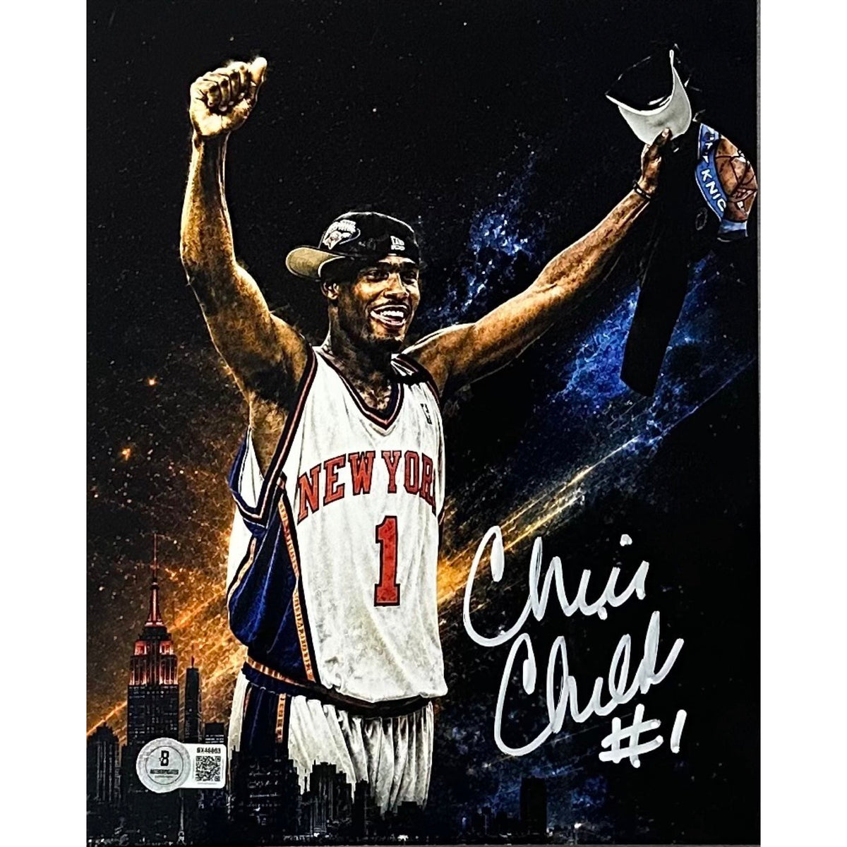 Chris Childs Arms Up Blue & Orange Background 8x10 Beckett BAS product image 1, provided for visual reference and product