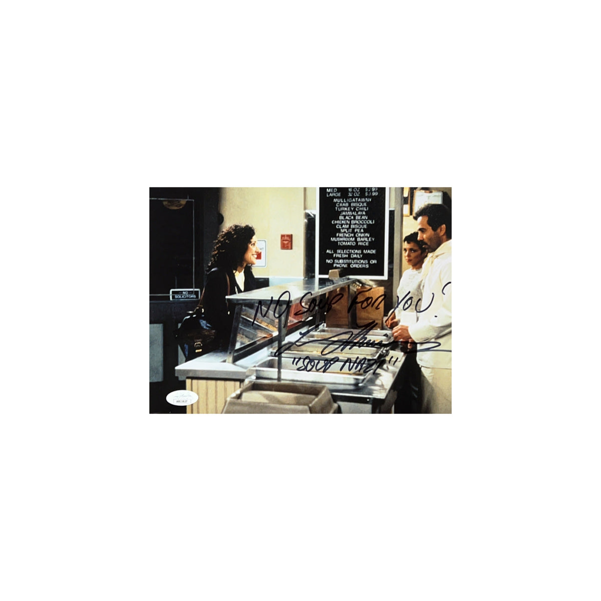 Larry Thomas Autographed Seinfeld Soup Nazi W/ Elaine 8x10 "No Soup For You! & Soup Nazi" Inscription JSA product image 1,