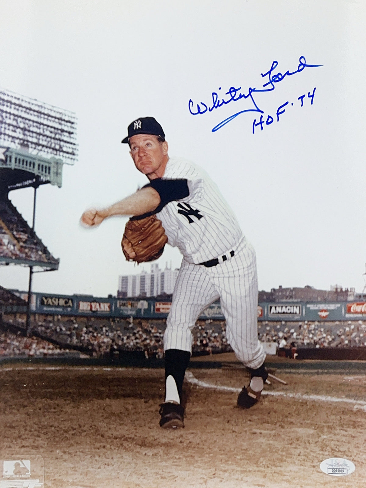 Whitey Ford Autographed New York Yankees "HOF 74" Inscribed Throw Vertical 11x14 JSA product image 1, provided for visual