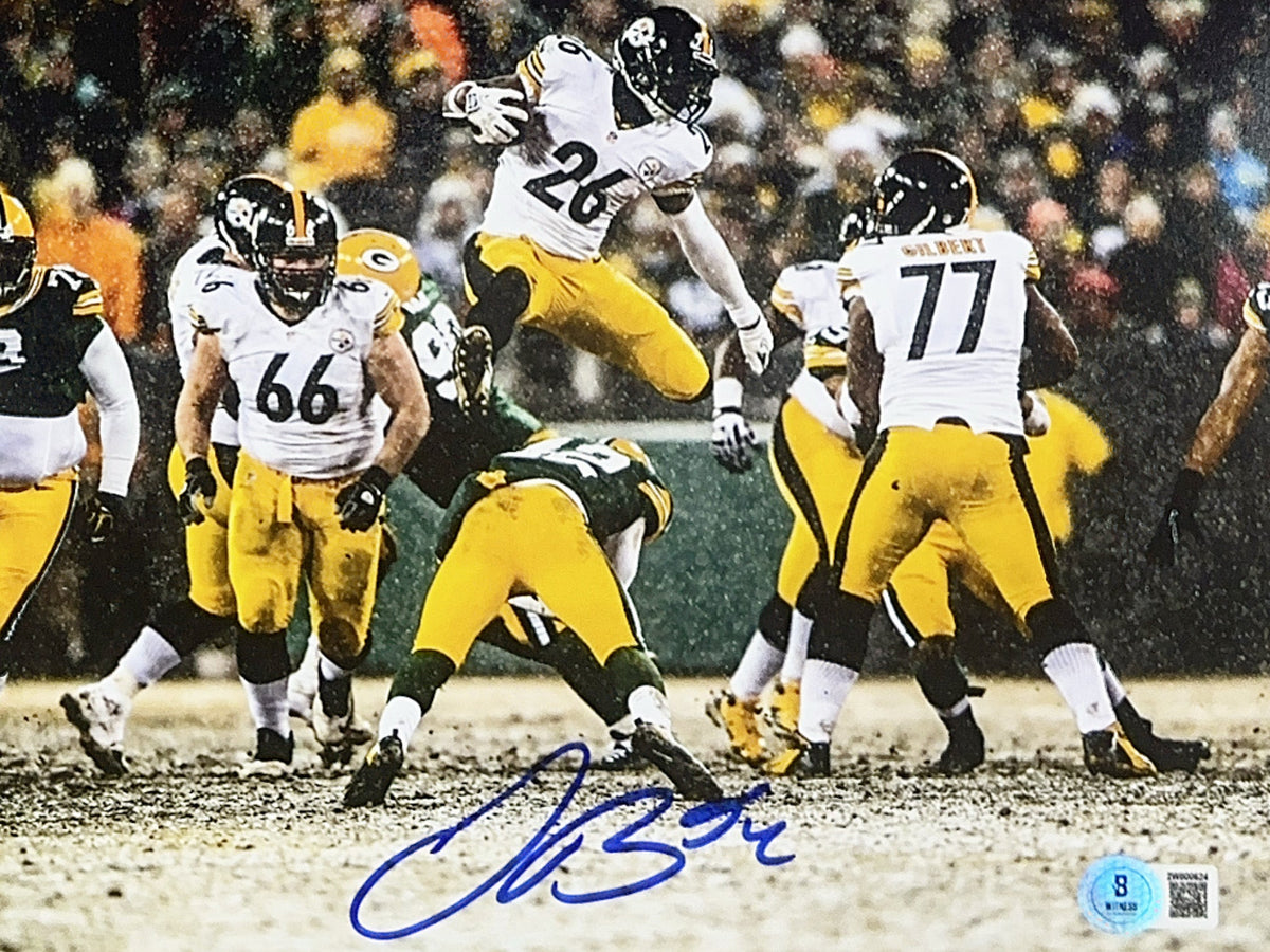 Leveon Bell Autographed Pittsburg Steelers White Jersey Hurdle 8x10 Beckett product image 1, provided for visual reference