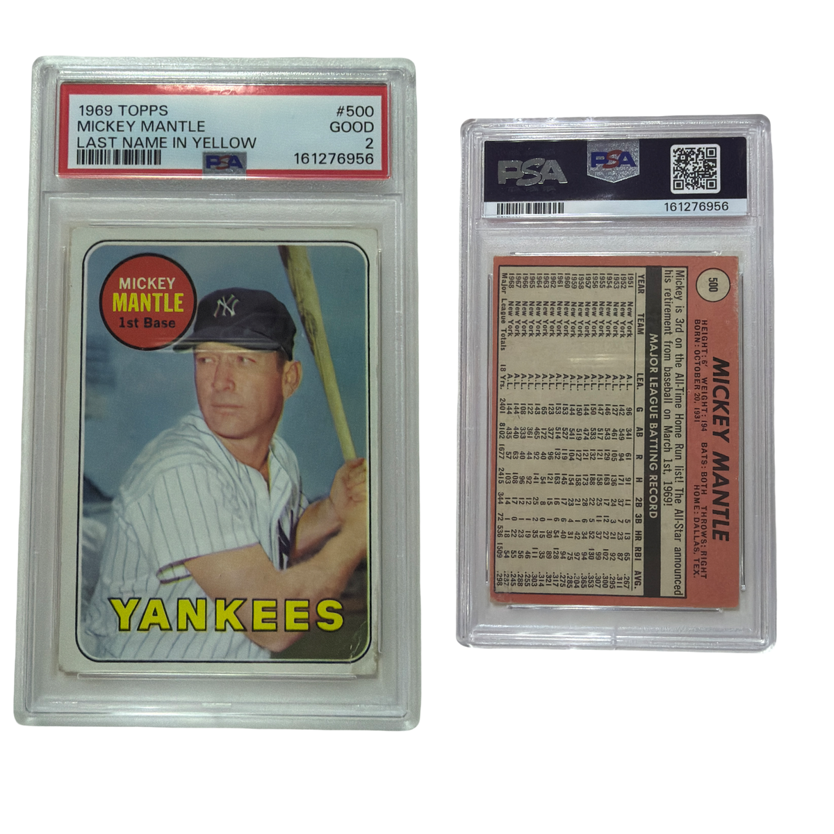 1969 Topps Mickey Mantle PSA 2! product image 1, provided for visual reference and product detail review