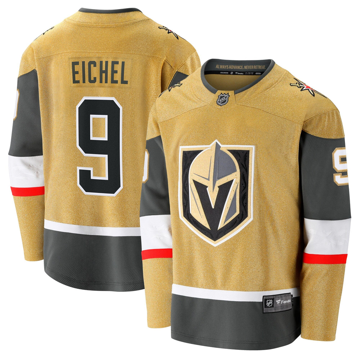 Vegas Golden Knights Jack Eichel Gold Home Breakaway Jersey product image 1, provided for visual reference and product
