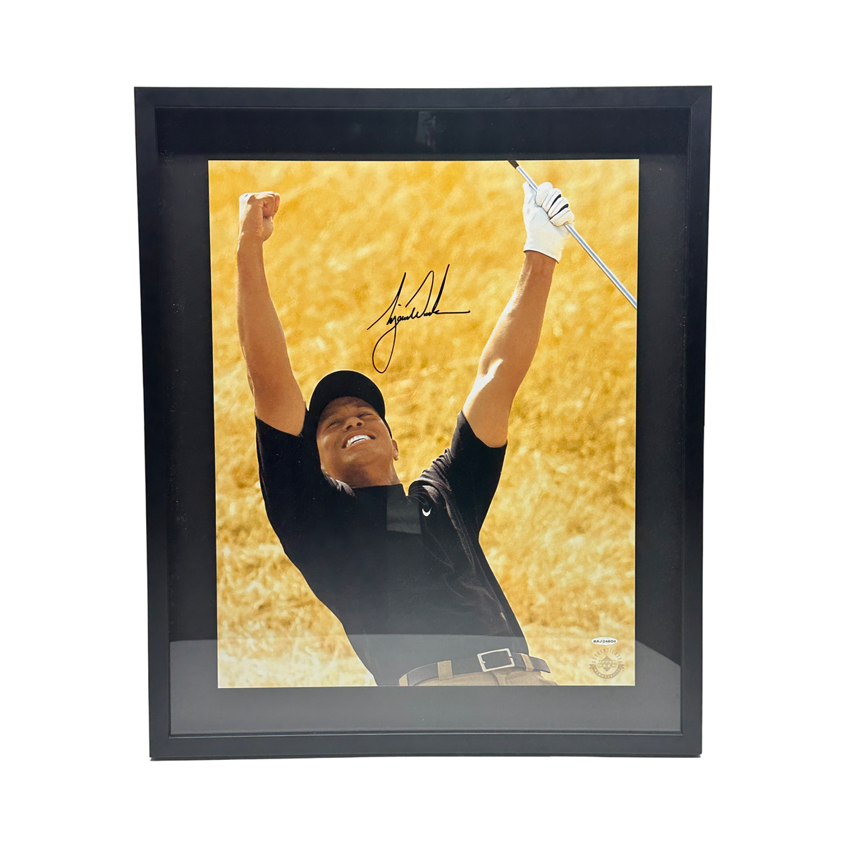 Tiger Woods Autographed Yellow Background Celebration 16x20 Upper Deck - Framed product image 1, provided for visual