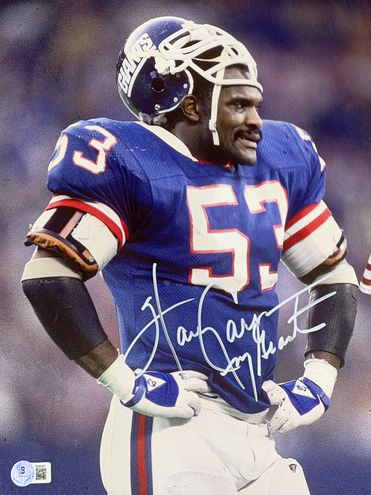 Harry Carson Autographed New York Giants Helmet Off 11x14 Beckett product image 1, provided for visual reference and product