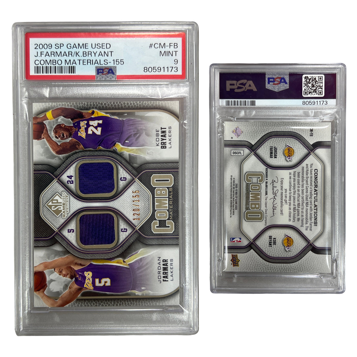 2009 Jordan Farmar / Kobe Bryant SP Game Used Combo Materials #CM-FB PSA MINT 9 product image 1, provided for visual