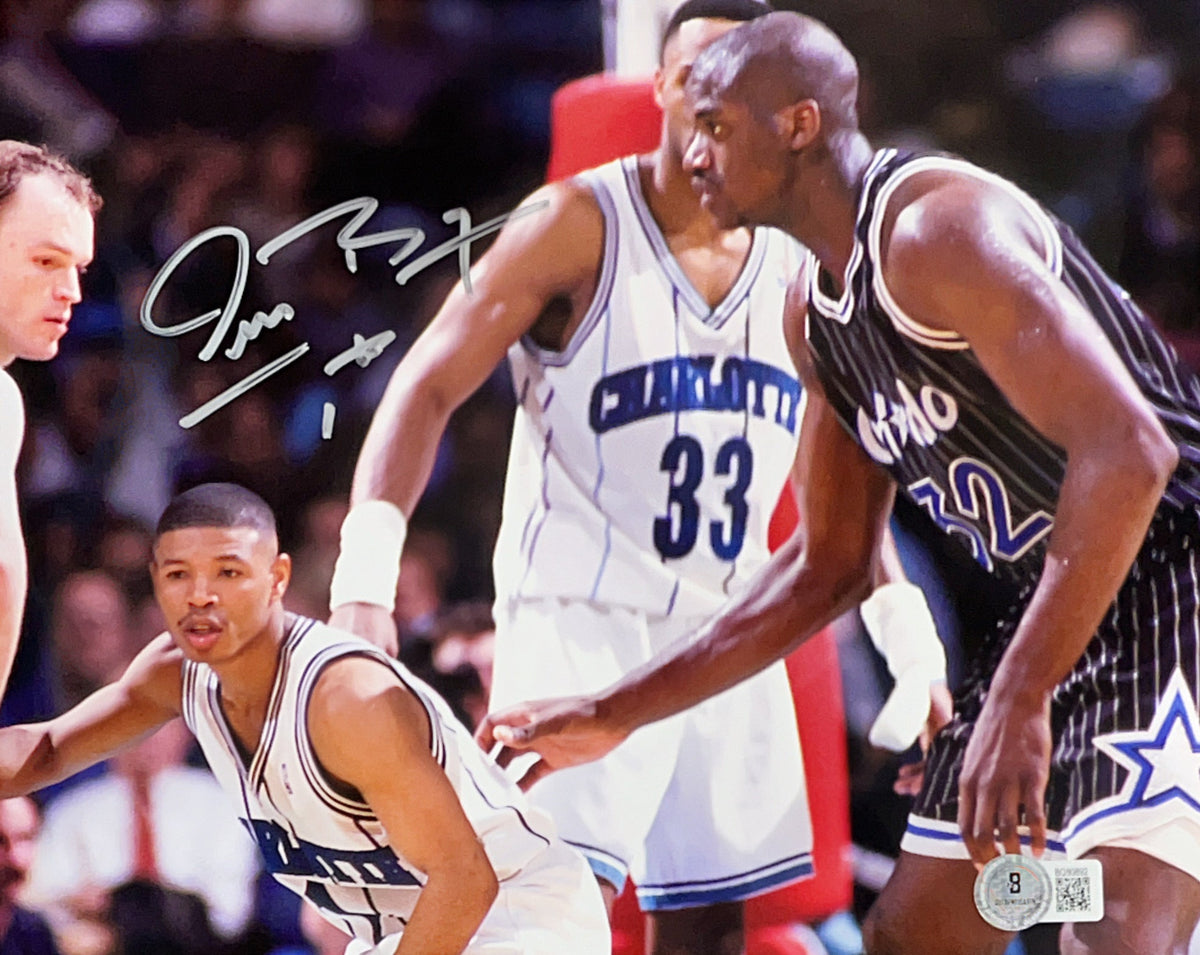 Muggsy Bogues Autographed Charlotte Hornets Against Shaq Silver Ink 8x10 Beckett product image 1, provided for visual