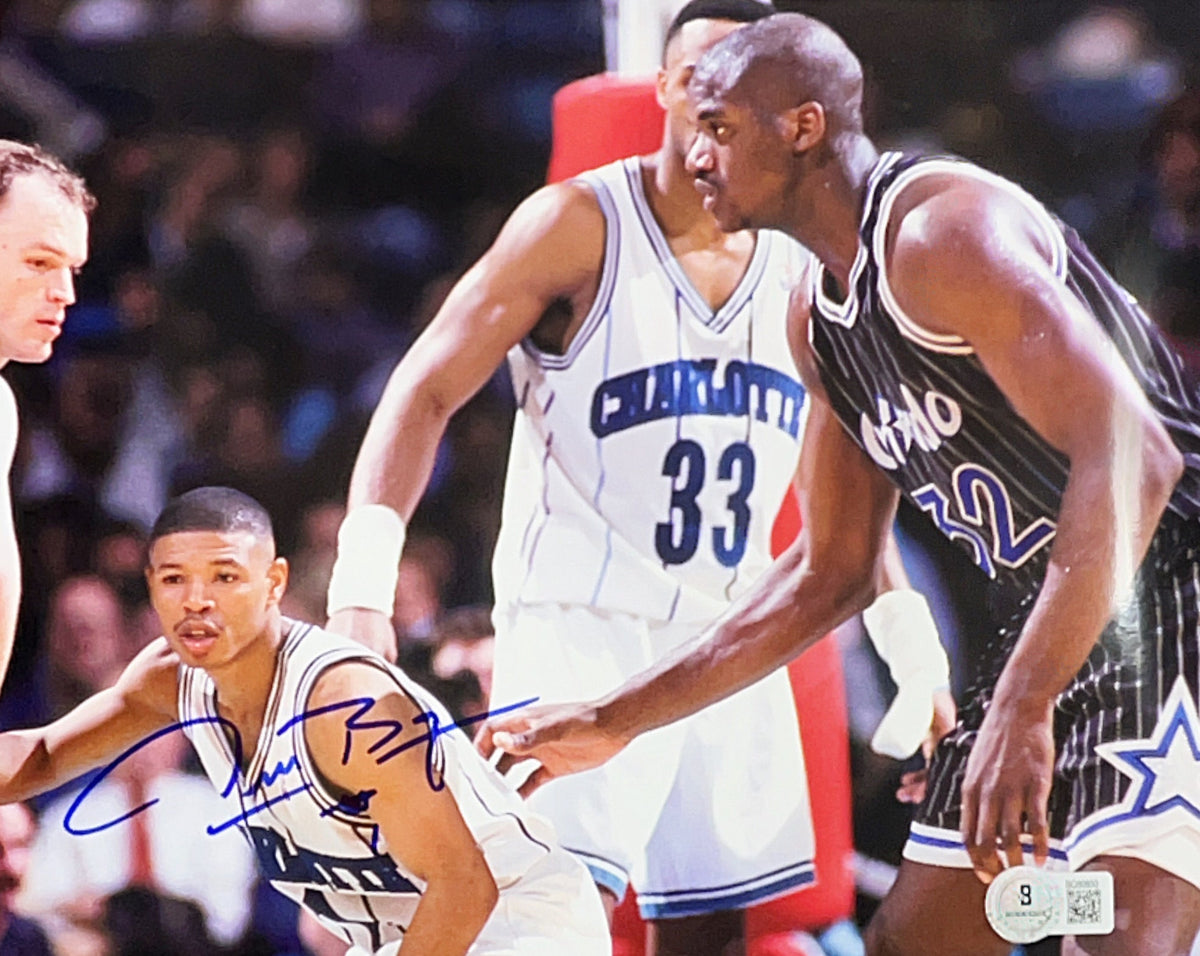 Muggsy Bogues Autographed Charlotte Hornets Against Shaq Blue Ink 8x10 Beckett product image 1, provided for visual