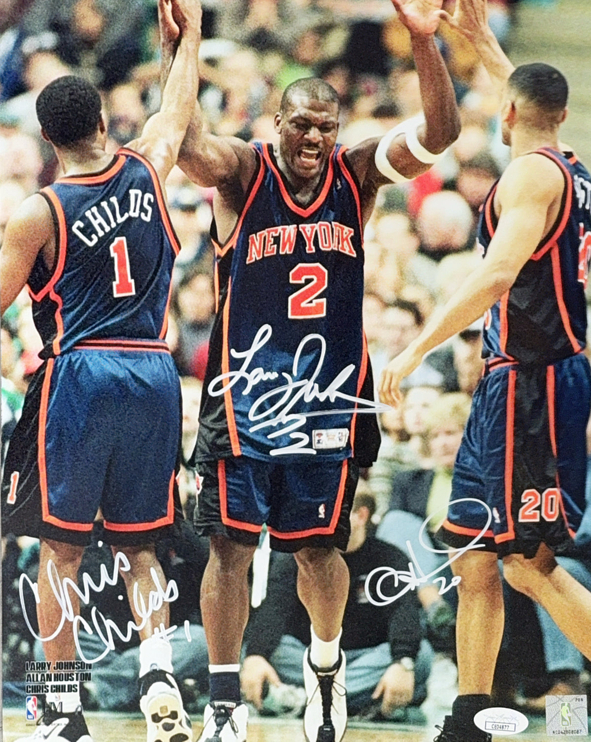 Larry Johnson, Allan Houston & Chris Childs Autographed New York Knicks High Five 11x14 JSA product image 1, provided for