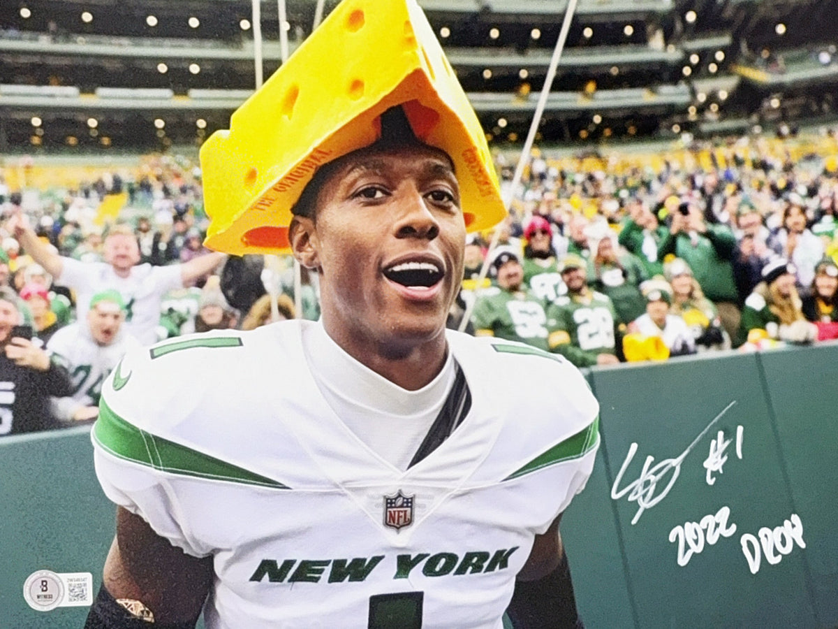 Sauce Gardner Autographed New York Jets Cheese Head DPOY 22 11x14 Beckett product image 1, provided for visual reference and