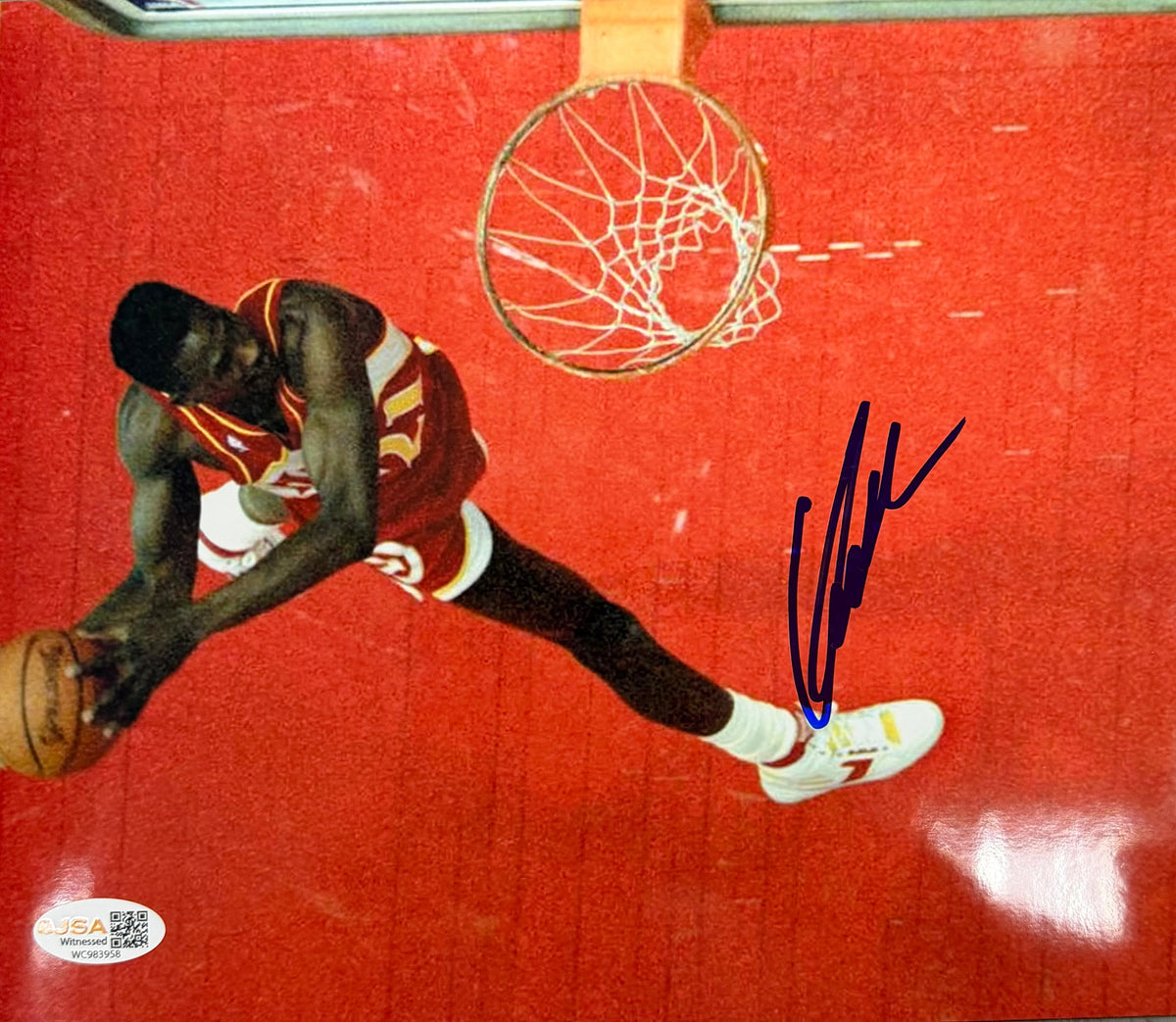 Dominique Wilkins Atlanta Hawks Dunk Red Court 8x10 JSA product image 1, provided for visual reference and product detail