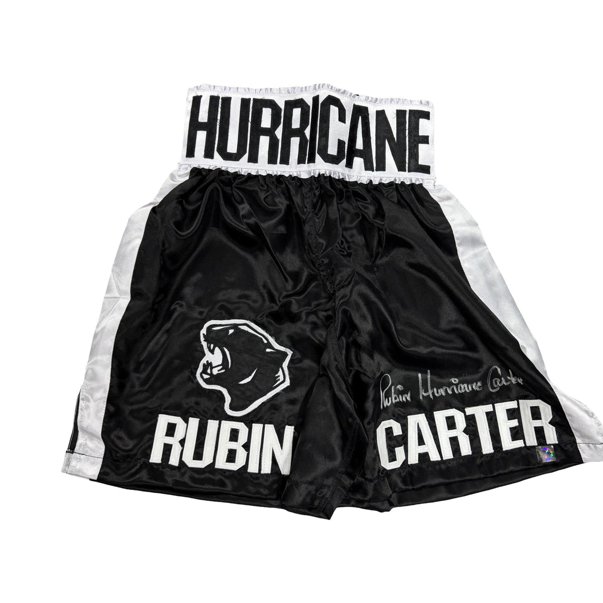 Rubin "Hurricane" Carter Autographed Black Boxing Trunks ASI Proof product image 1, provided for visual reference and