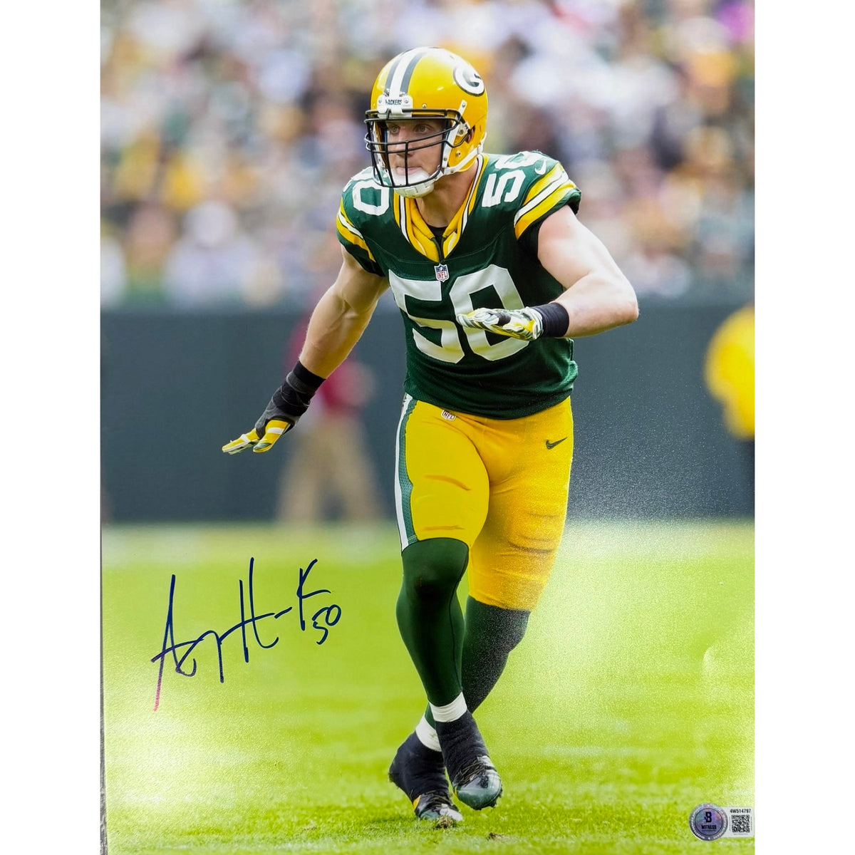 AJ Hawk Autographed Green Bay Packers Solo Green Jersey 11x14 Beckett BAS product image 1, provided for visual reference and