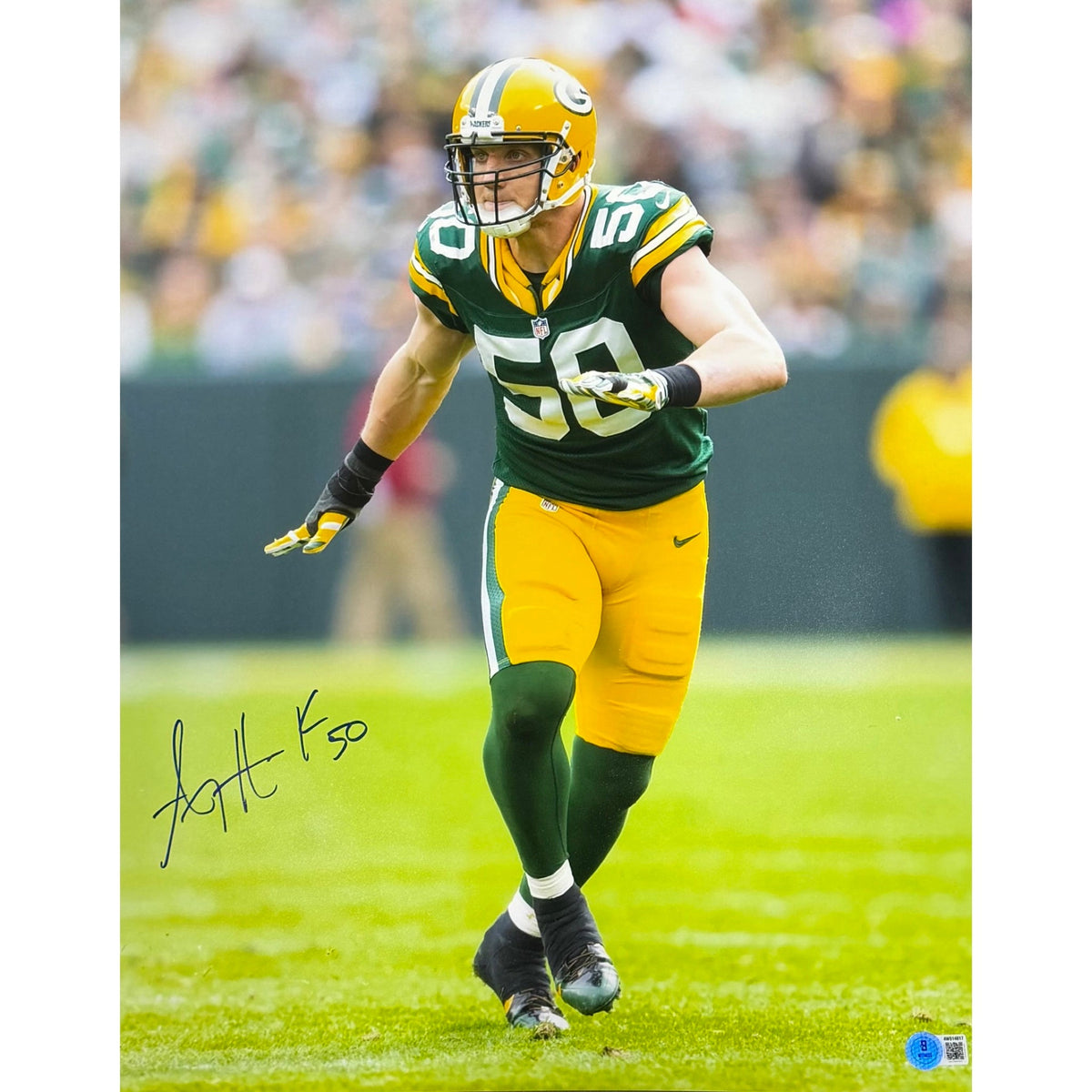 AJ Hawk Autographed Green Bay Packers Solo Green Jersey 16x20 Beckett BAS product image 1, provided for visual reference and