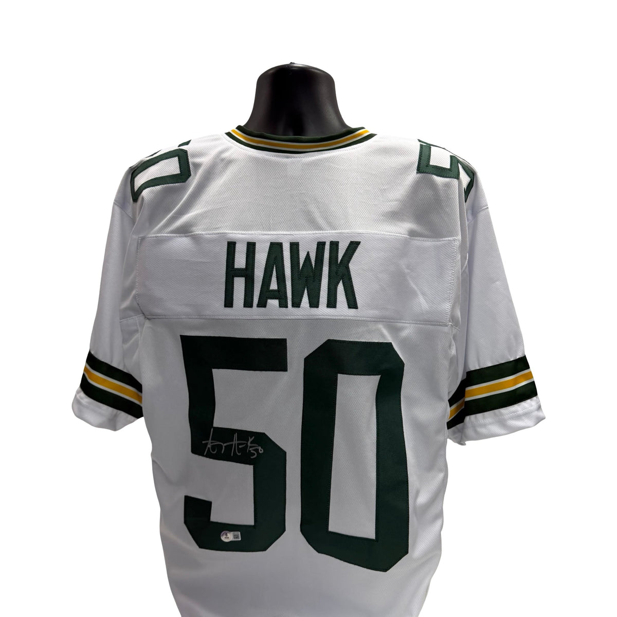 AJ Hawk Green Bay Packers Autographed White Jersey Beckett BAS product image 1, provided for visual reference and product