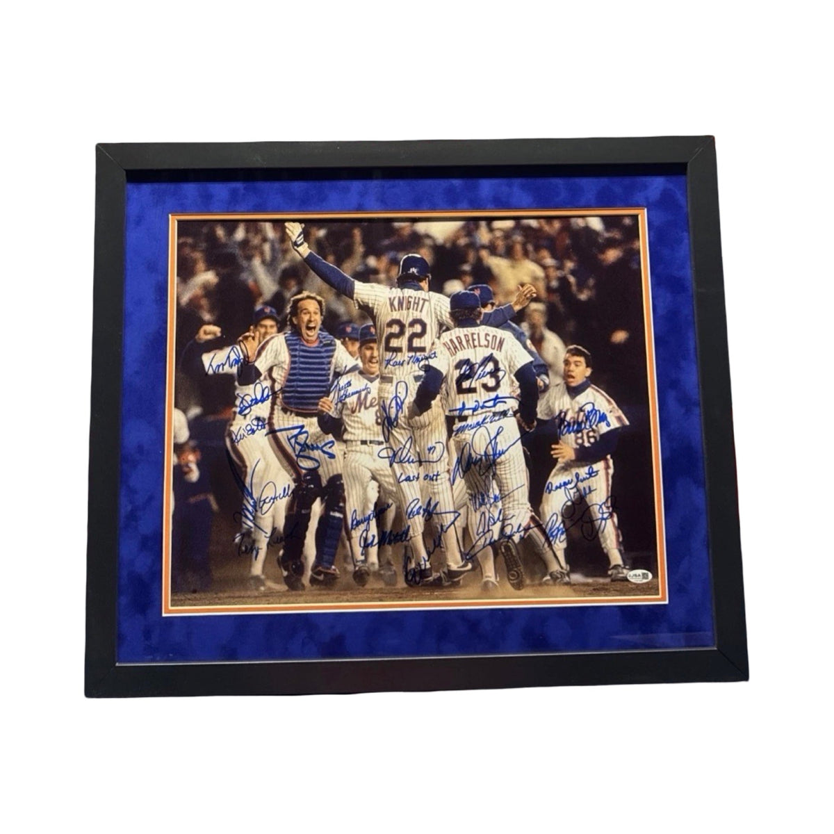 1986 New York Mets Team Autographed Ray Knight Jump Blue Ink 16x20 Framed Horizontal JSA product image 1, provided for