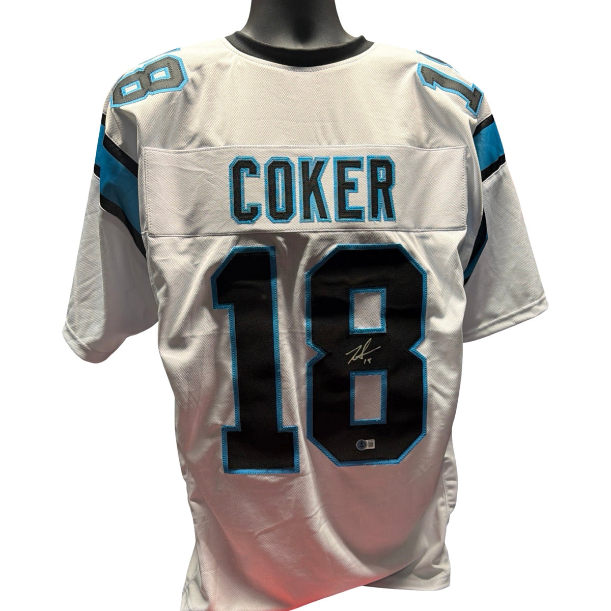 Jalen Coker Signed White Jersey Carolina Panthers Autographed Beckett BAS COA product image 1, provided for visual reference