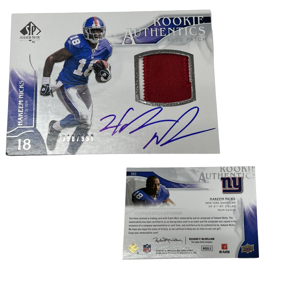 2009 SP Authentic Hakeem Nicks Rookie Patch Autograph /999 product image 1, provided for visual reference and product detail