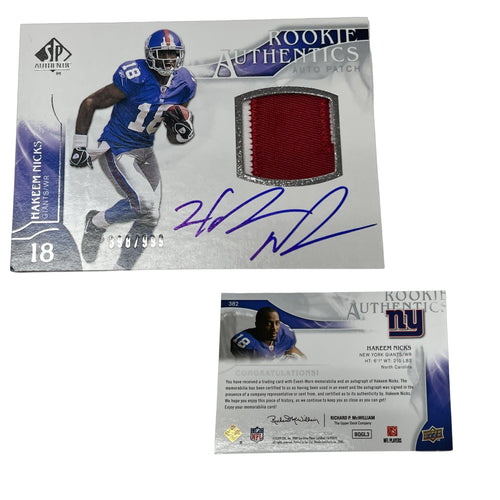 2009 SP Authentic Hakeem Nicks Rookie Patch Autograph /999 product image 1, provided for visual reference and product detail