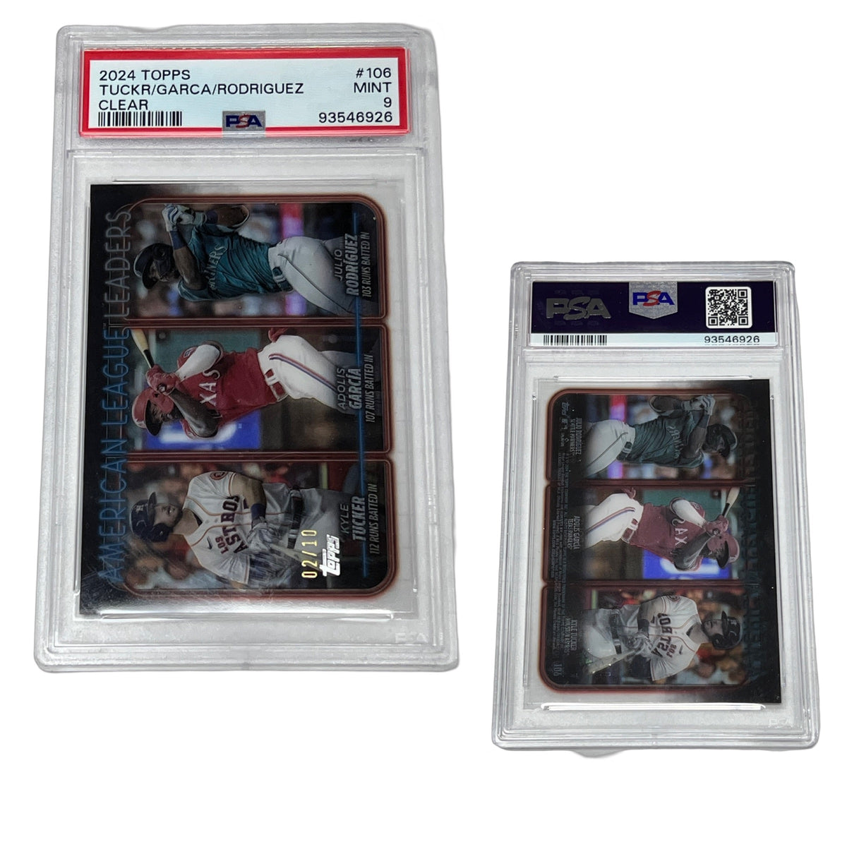 2024 Topps AL Leaders Clear Kyle Tucker/Adolis Garcia/Julio Rodriguez 2/10 PSA 9 product image 1, provided for visual