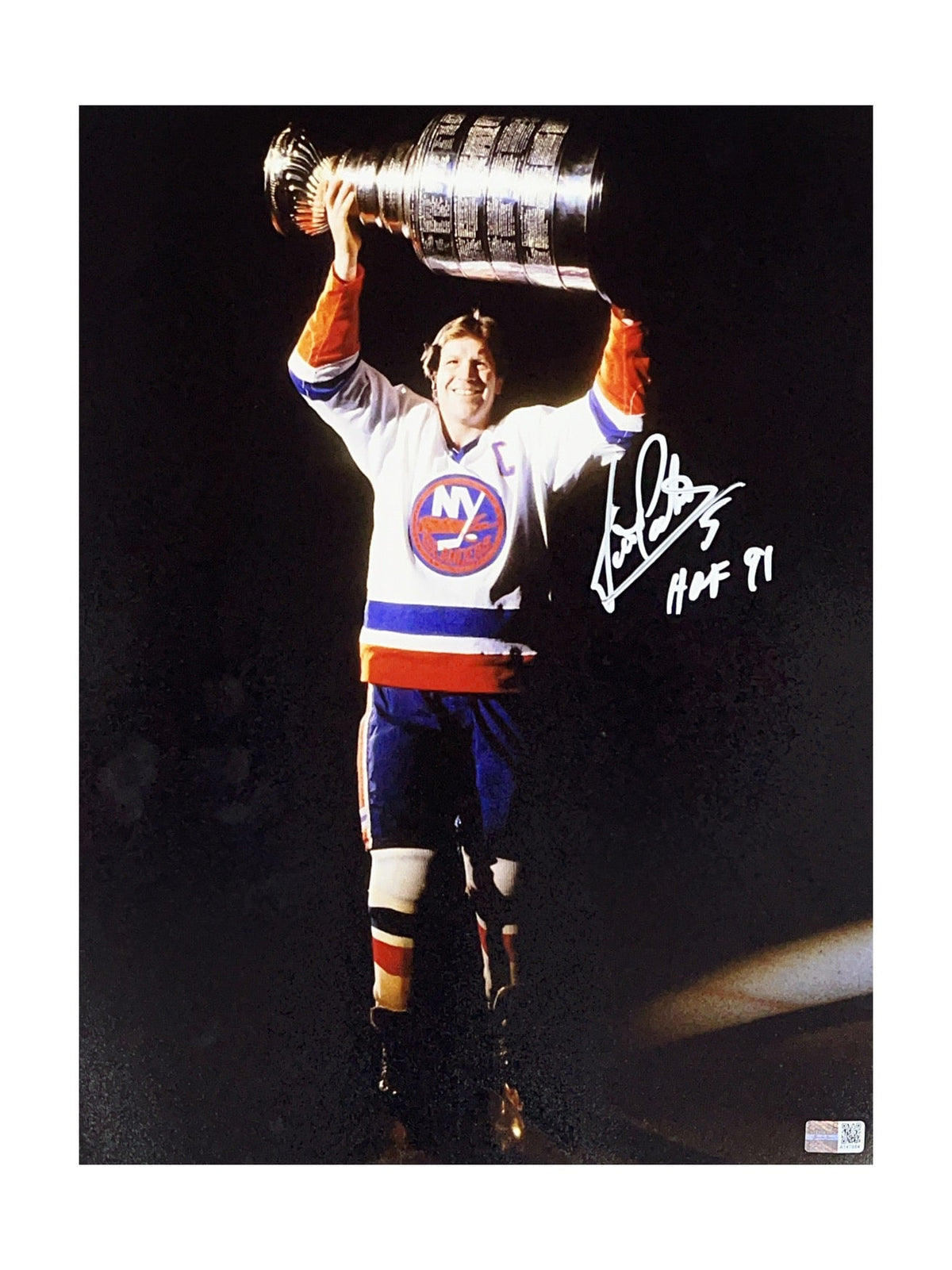 Denis Potvin Autographed New York Islanders 11x14 Hoisting Trophy "HOF 91" Inscription Steiner CX product image 1, provided