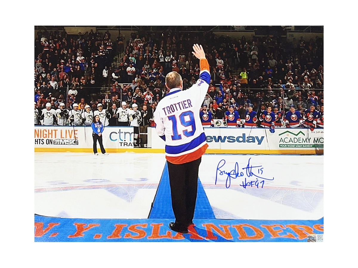 Bryan Trottier Autographed New York Islanders 11x14 Retirement Night Back View "HOF 97" Inscription Steiner CX product image