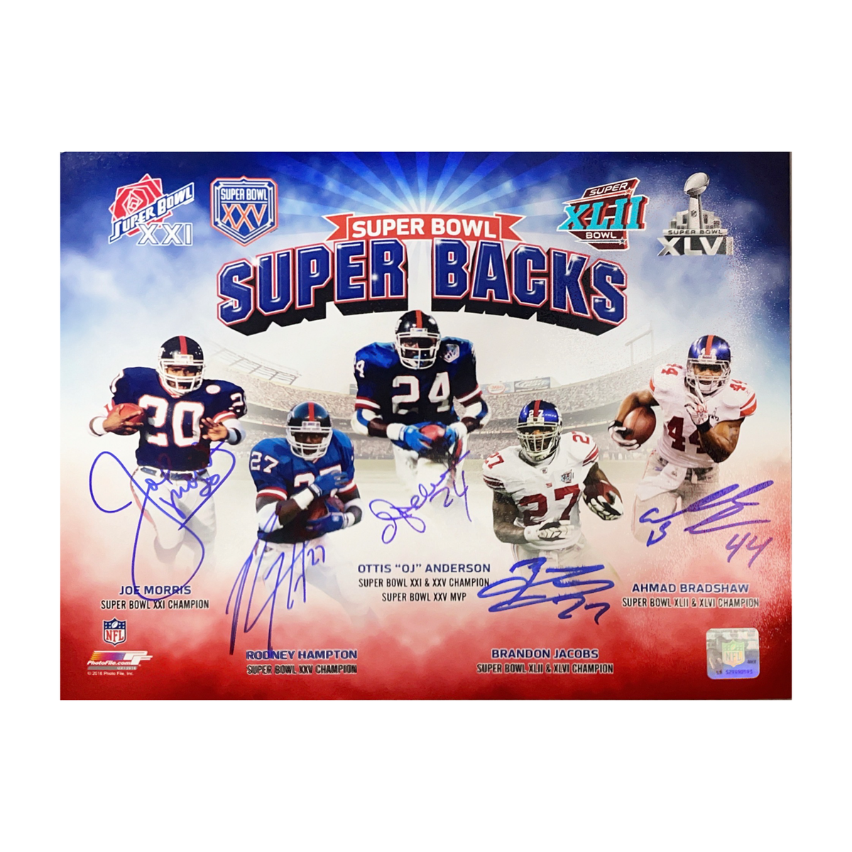 Brandon Jacobs, Ahmad Bradshaw, OJ Anderson, Joe Morris & Rodney Hampton Autographed New York Giants Superbacks 11x14 JSA -