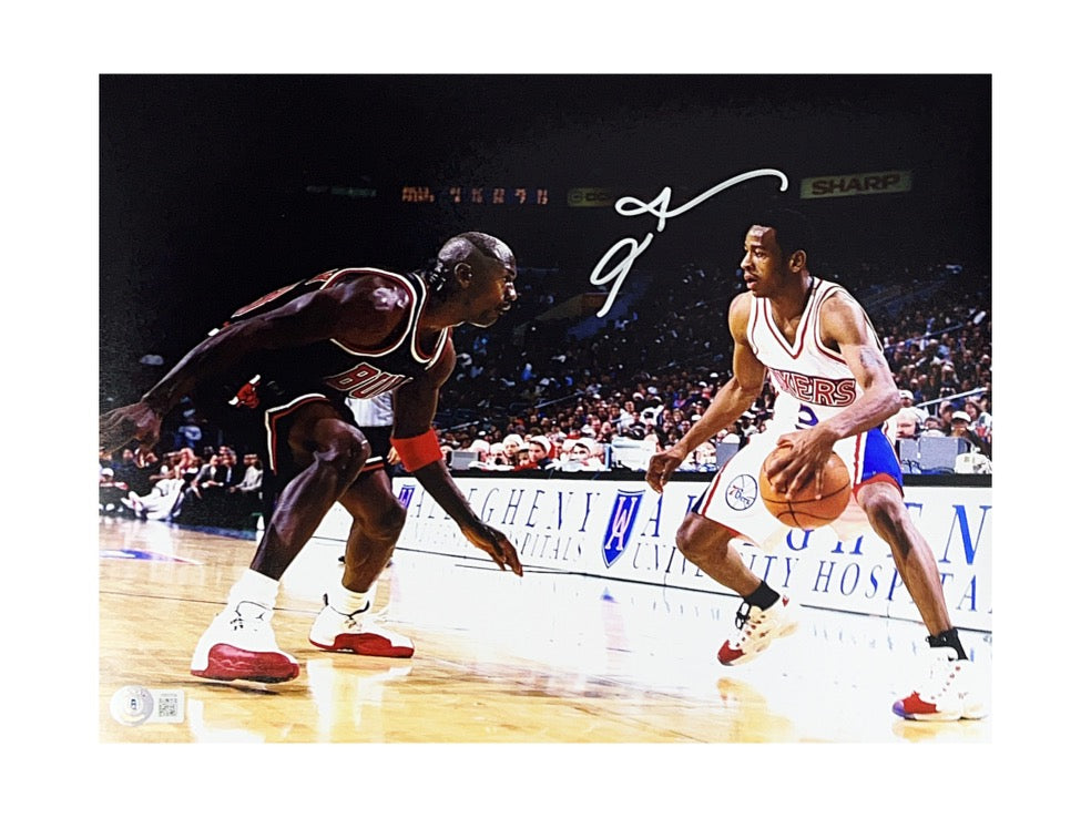 Allen Iverson Autographed Philadelphia 76ers vs Jordan 11x14 Beckett product image 1, provided for visual reference and