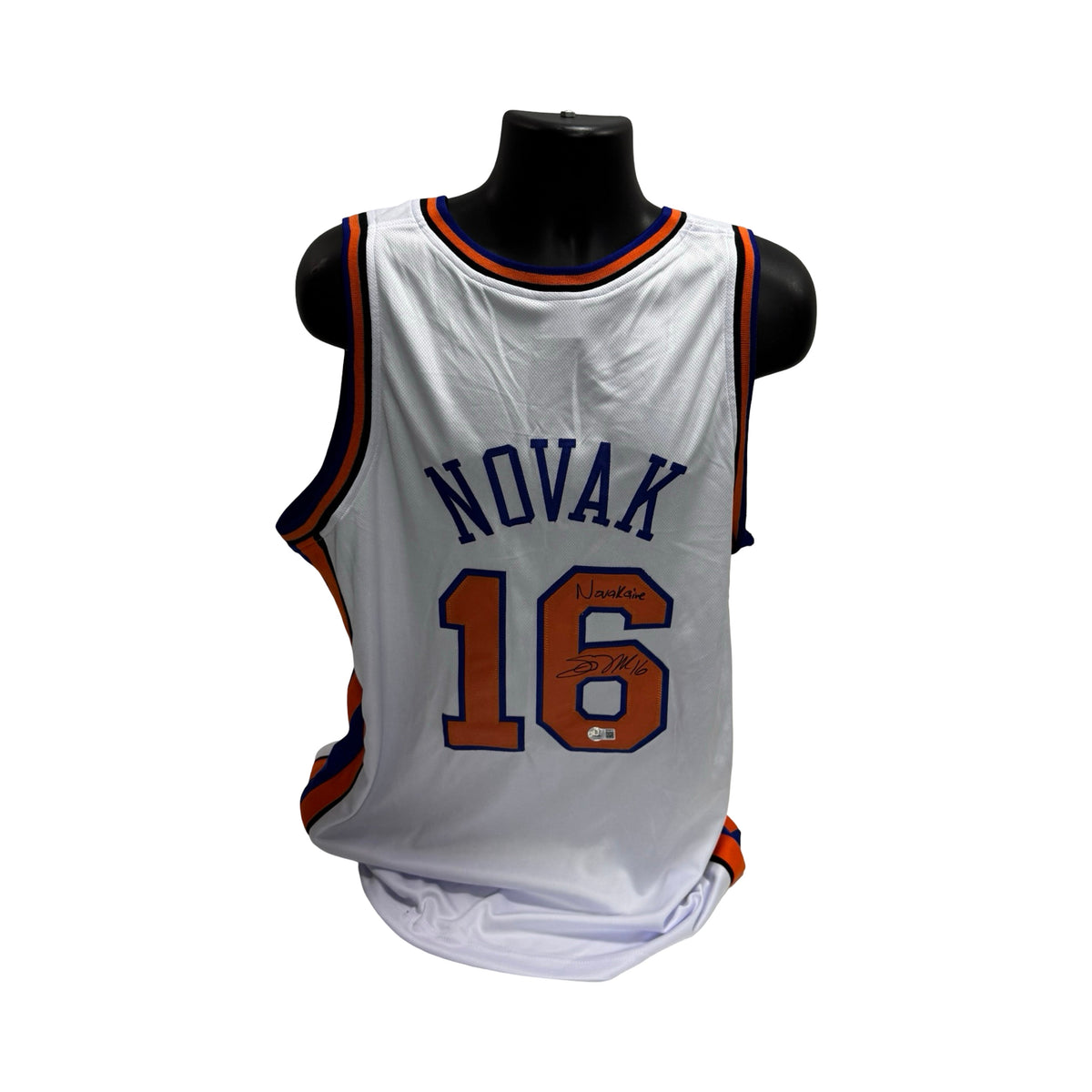 Steve Novak Autographed New York Knicks White Jersey Blue Stripe Inscribed Novakaine Beckett BAS product image 1, provided